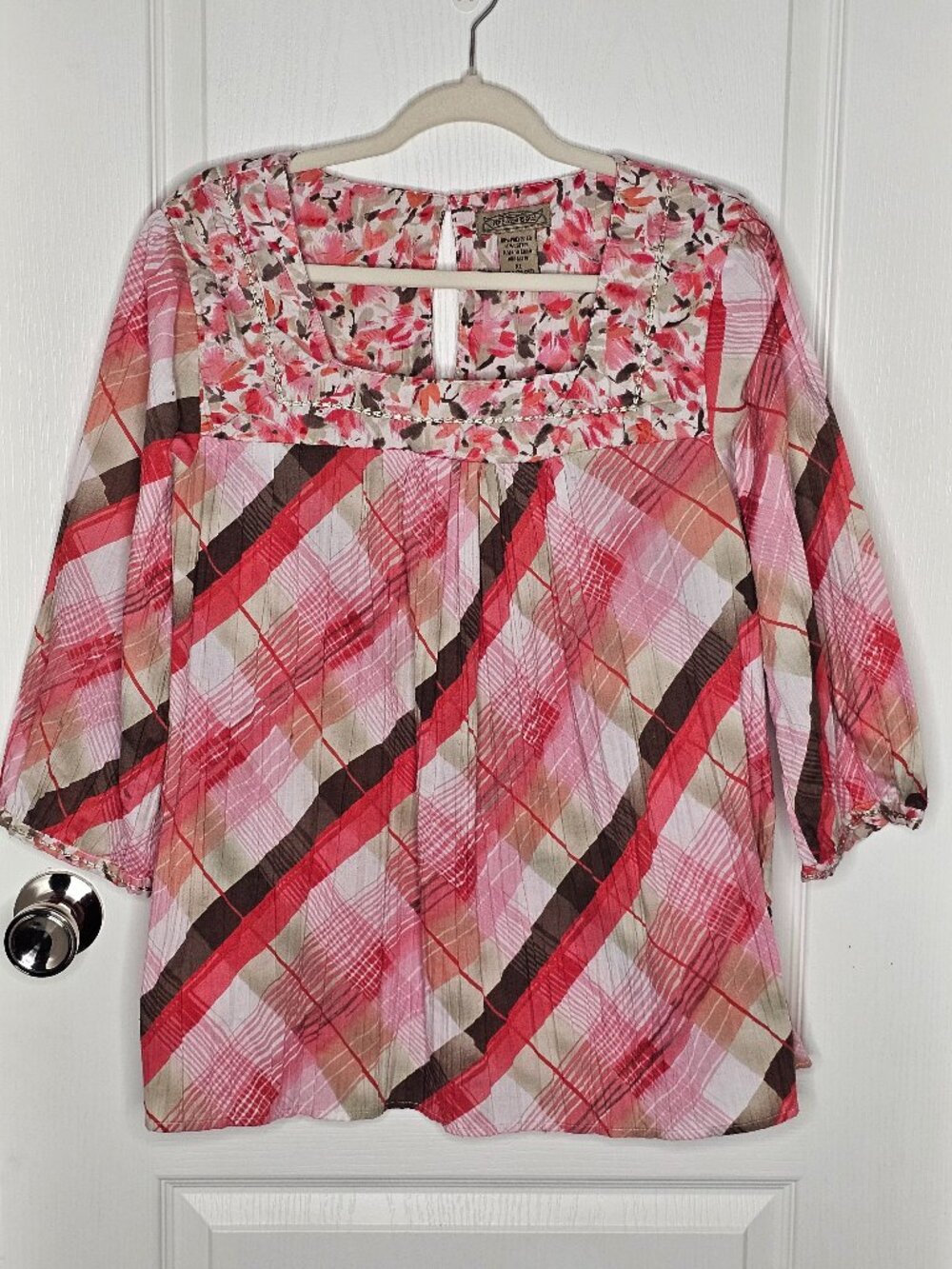 Art and Soul Floral Plaid Boho Blouse Pink Red Brown XL
